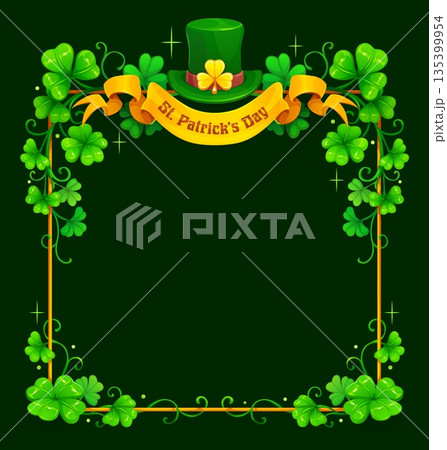 St Patrick day holiday frame with shamrock clover and leprechaun hat, vector background. Saint Patrick frame with Irish clover leaves and golden shamrock buckle on leprechaun hat with greeting ribbon 135399954