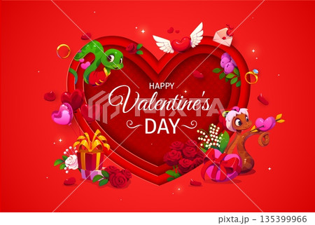 Paper cut Valentine day greeting card with snakes and love hearts, cartoon vector. Happy Valentine day love holiday greeting card with funny snakes, heart on wings and wedding gifts with roses flowers Paper cut Valentine day greeting card with snakes and love hearts, cartoon vector. Happy Valentine day love holiday greeting card with funny snakes, heart on wings and wedding gifts with roses flowers 135399966