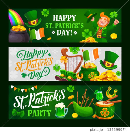 Happy St Patrick's day holiday banners. Ireland holiday festive vector flyer. Saint Patrick Irish party celebration banner with cheerful leprechaun green hat and shoe, pot of gold, musical instruments 135399974