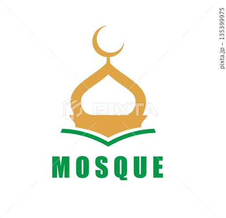 Arabian muslim mosque graphic icon or sign. Arab Quran label, Muslim religion graphic vector emblem. Islamic culture center abstract icon or Islam mosque symbol with graphic crescent on mosque dome 135399975
