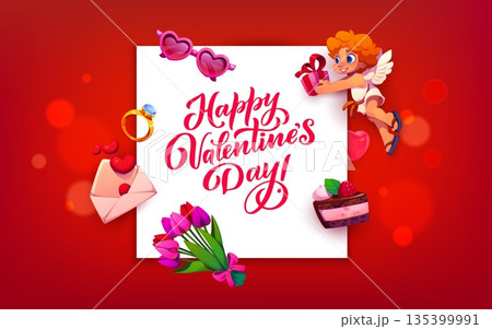 Happy Valentine's day greeting card. Romantic holiday party vector banner or flyer. Saint Valentine celebration card with cute cupid character holding gift, tulips, love letter and engagement ring Happy Valentine's day greeting card. Romantic holiday party vector banner or flyer. Saint Valentine celebration card with cute cupid character holding gift, tulips, love letter and engagement ring 135399991