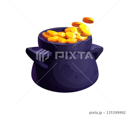 RPG game St Patrick leprechaun pot asset. Mobile videogame environment item, RPG gaming isolated cartoon vector world asset. Computer game design asset with cauldron or metal pot full of golden coins 135399992