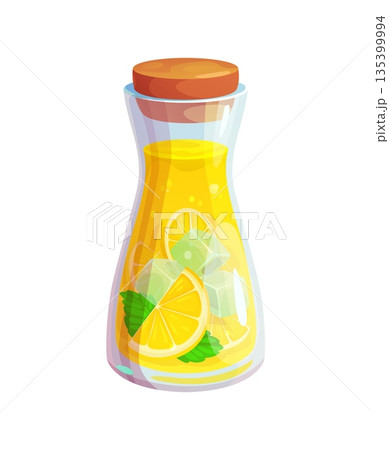Cartoon glass bottle of lemonade and lemon fruit juice natural beverage. Homemade refreshing drink or summer cocktail vector bottle. Natural and cold lemonade beverage with ice, lemon slice and mint 135399994