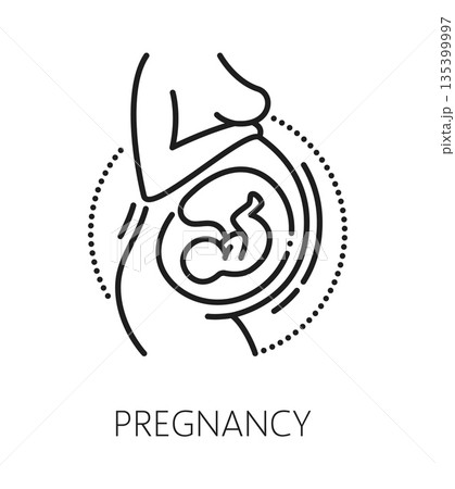 Pregnancy and gynecology medicine line icon or pictogram. Gynecology health and fertility thin line sign, reproductive medicine vector icon. Pregnancy health symbol with fetal in womb 135399997