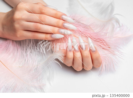 Woman's hands showing elegant long nails with soft pink feather Woman's hands showing elegant long nails with soft pink feather 135400000