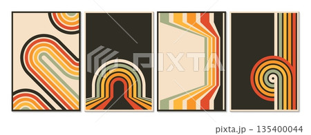 Vintage retro stripe line posters, 70s 80s rainbow funky road background. Vector geometric pattern of abstract roads with grunge color line curves and circles. Vintage posters and retro banners set 135400044
