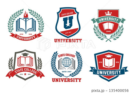 University, college, academy and school icons. Vector shields, books and vintage torch, student graduation hat and globe heraldic badges with laurel wreath and ribbon banner. University heraldry crest University, college, academy and school icons. Vector shields, books and vintage torch, student graduation hat and globe heraldic badges with laurel wreath and ribbon banner. University heraldry crest 135400056