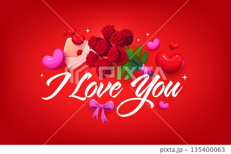 I love you quote greeting card of Valentine's day holiday. Love phase vector background, romantic celebration greeting card. Saint Valentine day saying with roses bouquet, love letter and typography I love you quote greeting card of Valentine's day holiday. Love phase vector background, romantic celebration greeting card. Saint Valentine day saying with roses bouquet, love letter and typography 135400063