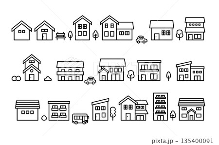 かわいい家のモノトーンアイコンセット|住宅 線画 ベクター素材 かわいい家のモノトーンアイコンセット|住宅 線画 ベクター素材 135400091