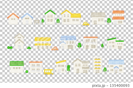 水彩風　かわいい家のアイコンセット｜住宅・家屋 ベクター素材 135400093