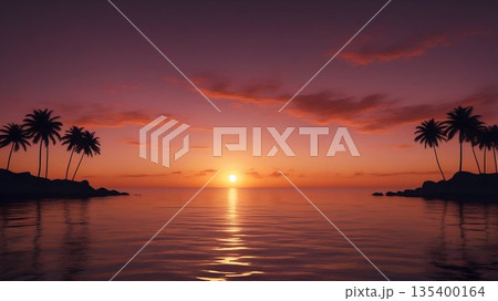 Tropical Sunset with Palm Trees, Serene Ocean View in Warm Colors 135400164