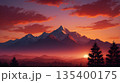 Majestic Mountain Sunset with Silhouetted Trees, Dramatic Landscape in Warm Tones 135400175