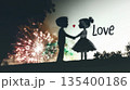 Cute sketch of couple holding hands with fireworks and love sign 135400186