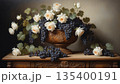 Classic Still Life with Grapes and White Roses, Vintage Art Style 135400191