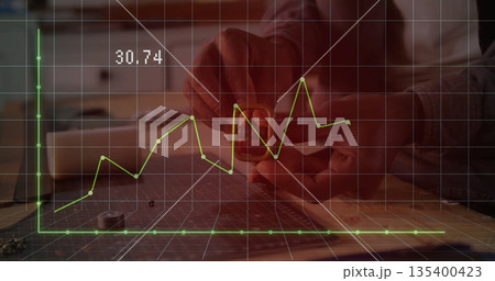 Man in plaid shirt measuring component using caliper on cutting mat in workshop, with grid overlay 135400423