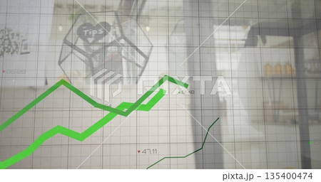 Displaying green line chart over grid glass panel in office lounge with labels and tip jar 135400474
