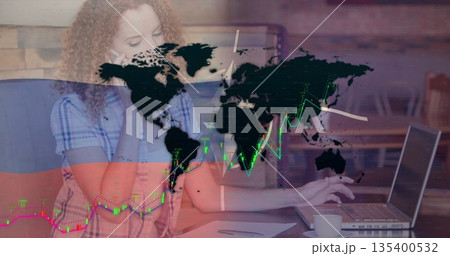 Woman wearing plaid shirt making smartphone call, typing laptop in cafe with notepad pen coffee cup Woman wearing plaid shirt making smartphone call, typing laptop in cafe with notepad pen coffee cup 135400532