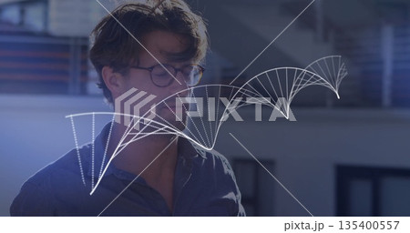 Contemplating man wearing round eyeglasses dark shirt on balcony railing with dotted graph overlay 135400557