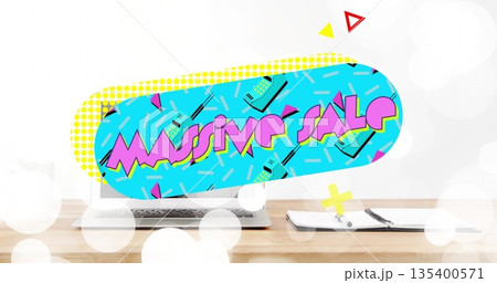 Displaying Massive Sale graphic floating above office desk, with laptop notebook and pen Displaying Massive Sale graphic floating above office desk, with laptop notebook and pen 135400571