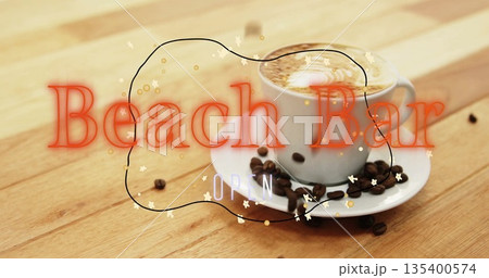 Displaying white coffee cup, saucer on wooden bar with latte art, Beach Bar text, copy space Displaying white coffee cup, saucer on wooden bar with latte art, Beach Bar text, copy space 135400574