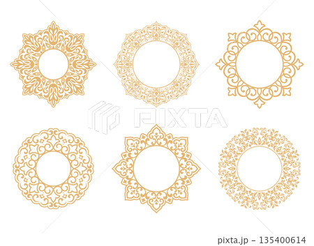 Set of decorative frames Elegant vector element for design in Eastern style, place for text. Floral golden and white borders. Lace illustration for invitations and greeting cards Set of decorative frames Elegant vector element for design in Eastern style, place for text. Floral golden and white borders. Lace illustration for invitations and greeting cards 135400614