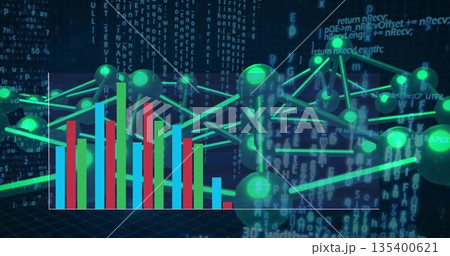 Rendering glowing green nodes and rods in virtual interface, with bar chart and code streams 135400621
