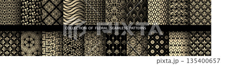 Geometric floral set of seamless patterns. Golden and black vector backgrounds. Damask graphic ornaments 135400657