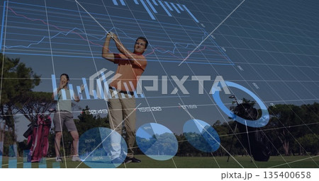 Swinging mature male golfer driving club on golf course near golf bag, with digital chart overlays 135400658