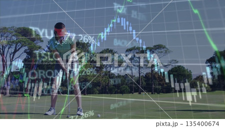 Aligning golfer putting on golf green, with putter, red visor and stock market chart overlay 135400674