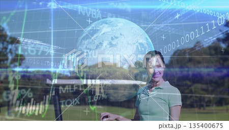 Gloved golfer in polo holding club on golf course, holographic globe with binary charts, copy space Gloved golfer in polo holding club on golf course, holographic globe with binary charts, copy space 135400675
