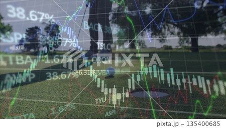 Golfer lining up putt with golf ball, putter in putting green, with candlestick stock ticker charts 135400685
