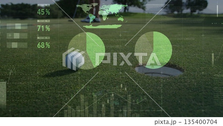 Resting white golf ball sitting on trimmed putting green, with golf shoes and data overlay graphics Resting white golf ball sitting on trimmed putting green, with golf shoes and data overlay graphics 135400704