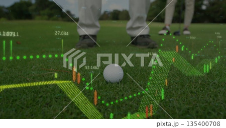 Showing golf ball resting on golf course putting green, with golf shoes and digital data overlay Showing golf ball resting on golf course putting green, with golf shoes and digital data overlay 135400708
