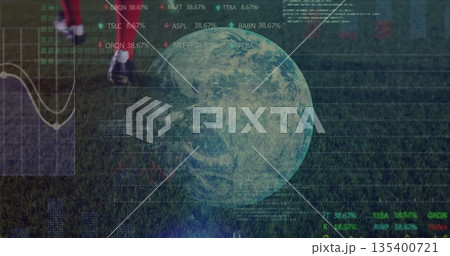 Digital Earth globe and data overlays hovering over soccer field, with player wearing red uniform 135400721