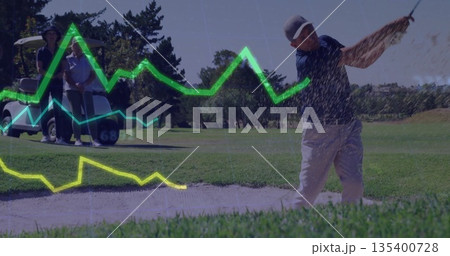 Swinging golfer sending sand spraying from bunker on fairway, with golf cart companions, copy space Swinging golfer sending sand spraying from bunker on fairway, with golf cart companions, copy space 135400728