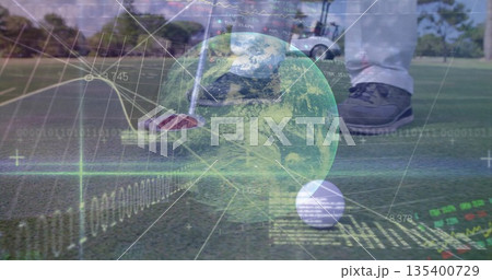 Showing golfer legs standing on putting green, with golf ball, putter head and digital overlays Showing golfer legs standing on putting green, with golf ball, putter head and digital overlays 135400729