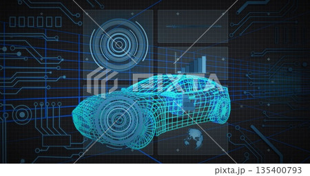 Displaying neon blue wireframe car model on grid with circuit lines, radar, bar chart, globe icon 135400793