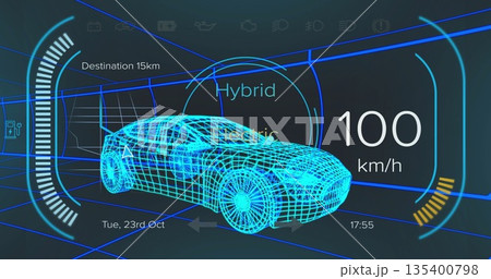 Displaying wireframe car in tunnel, hybrid electric HUD showing speed, battery, destination, time Displaying wireframe car in tunnel, hybrid electric HUD showing speed, battery, destination, time 135400798