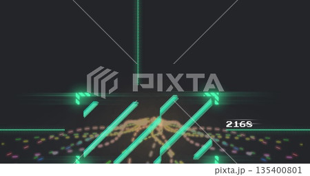 Displaying six neon cyan bars crossing green crosshair in digital interface, with pastel particles 135400801