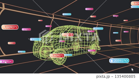 Hovering neon green wireframe van model moving in 3D orange grid tunnel, with floating data tags Hovering neon green wireframe van model moving in 3D orange grid tunnel, with floating data tags 135400805