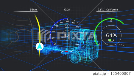 Displaying wireframe truck moving in virtual grid tunnel, with speedometer and battery level gauge Displaying wireframe truck moving in virtual grid tunnel, with speedometer and battery level gauge 135400807