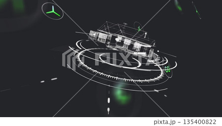 Floating 3D wireframe house model rotating in dark HUD, with neon-green icons and circular rings 135400822