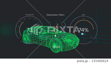 Displaying wireframe sedan cruising on virtual grid with gauges, navigation indicators and clock Displaying wireframe sedan cruising on virtual grid with gauges, navigation indicators and clock 135400824
