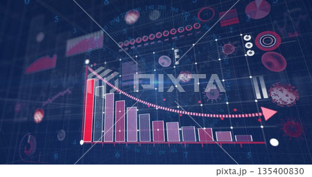 Showing red bar chart falling on blue grid dashboard, featuring dotted trend arrow and virus icons 135400830