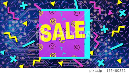 Displaying purple panel featuring bold yellow SALE text in digital graphic layout, with neon shapes 135400831