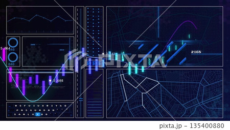 Showing neon-blue data dashboard running on computer display, with circular gauges and line charts 135400880