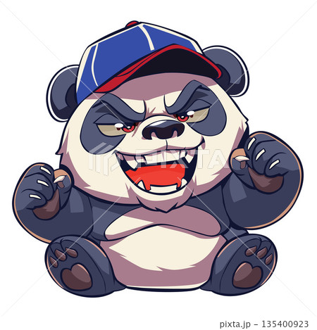 laughing panda with red blue hat 135400923