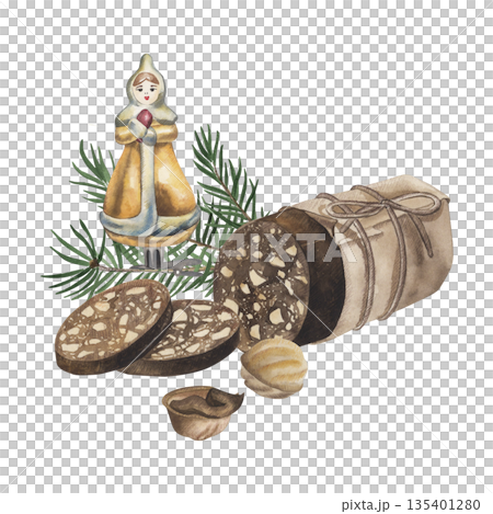 Watercolor Christmas still life with a chocolate nut dessert, sliced sweet sausage, walnuts, pine branches, a vintage glass toy. Winter holiday illustration, hand-drawn, isolated on a white background 135401280