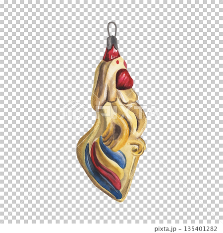 Watercolor illustration of a vintage glass Christmas ornament shaped like a golden rooster. Hand-drawn festive tree decoration with bright details, retro holiday bird, isolated on a white background 135401282