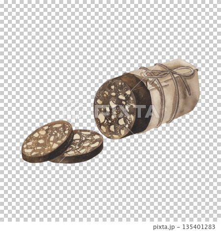 A festive treat, a sweet sausage with chocolate and nuts. This Christmas dessert, cut into pieces, is hand-drawn in watercolor. This food illustration is suitable for packaging, holiday designs, cards A festive treat, a sweet sausage with chocolate and nuts. This Christmas dessert, cut into pieces, is hand-drawn in watercolor. This food illustration is suitable for packaging, holiday designs, cards 135401283